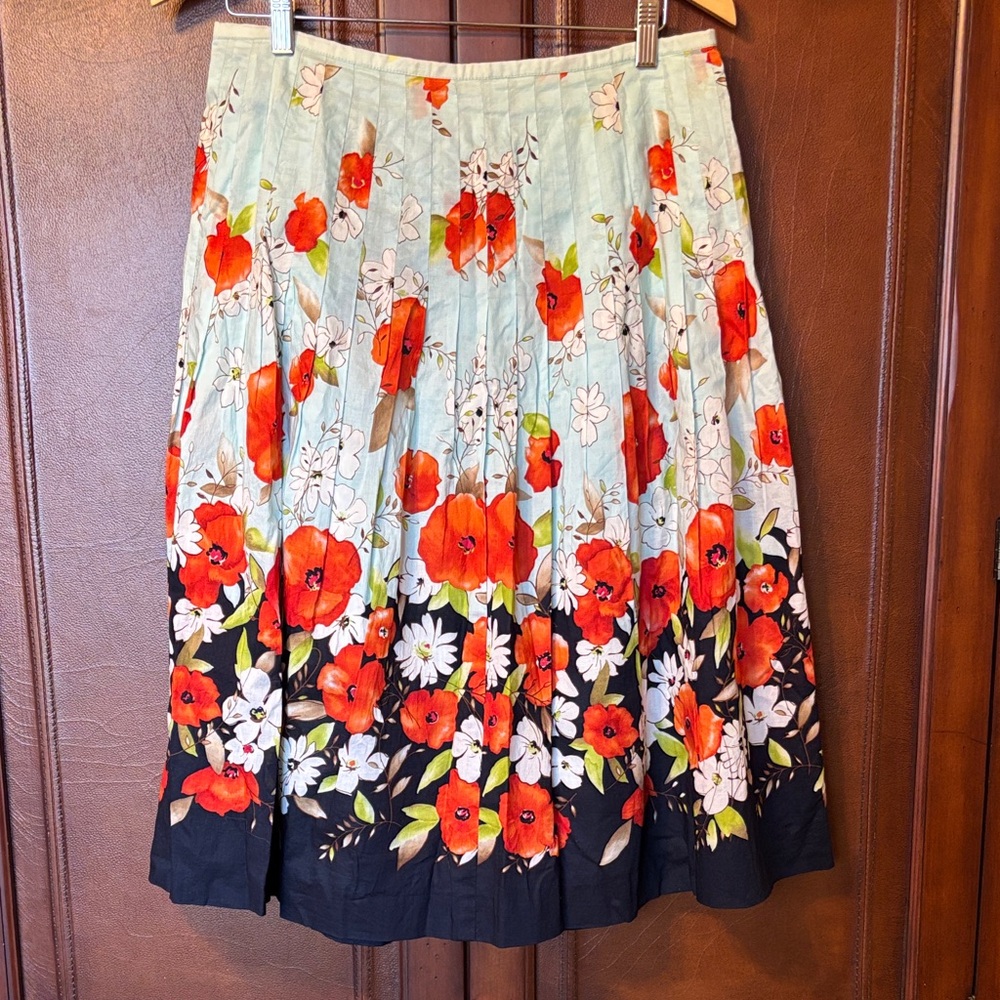 Talbots Floral Poppy Midi Skirt Size 12 Pleated Lined Pin Tuck Pintuck Cotton